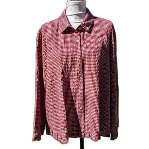 Red Check Linen Cotton Button-Up Ruffle Cottagecore Shirt 2XL